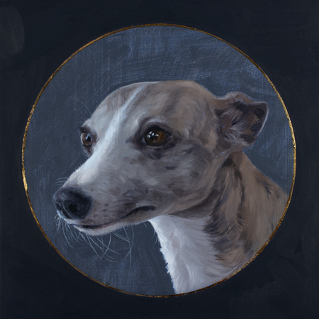 <p>voorbeeld voor een honden portret in opdracht. Ronde afbeelding op een vierkant paneeltje. Omlijnd met bladgoud. Een intiem klein portretje van je dierenvriend. van een vierkant passepartout met rond gelaserde uitsparing.</p>